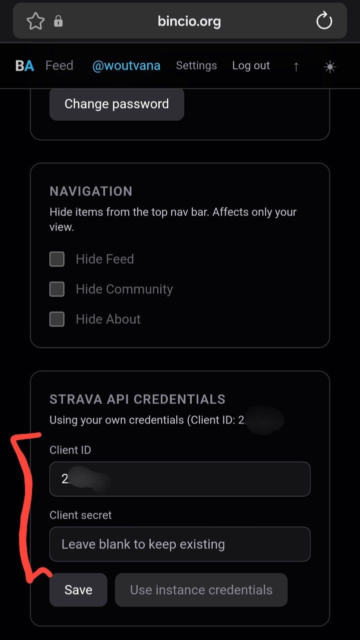 Sezione Strava nelle impostazioni di Bincio Activity